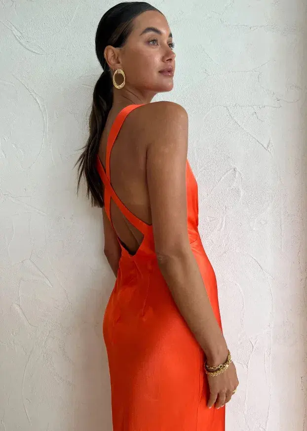 Shona Joy Milo Plunge Cross Back Midi Dress Hibiscus Size 6 for rent on The Volte - main image