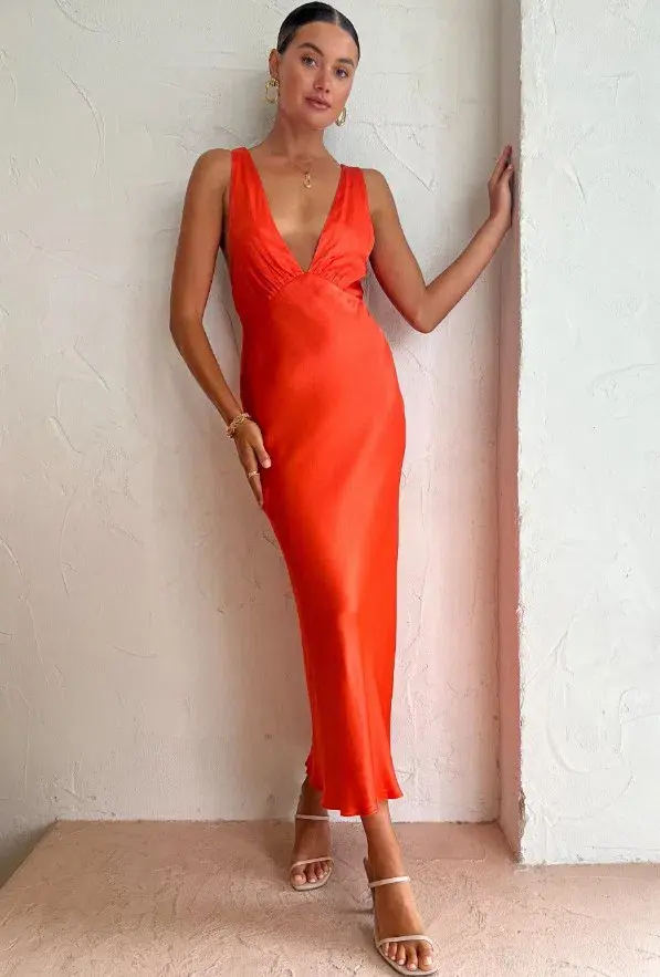Shona Joy Milo Plunge Cross Back Midi Dress Hibiscus Size 6 for rent on The Volte - main image