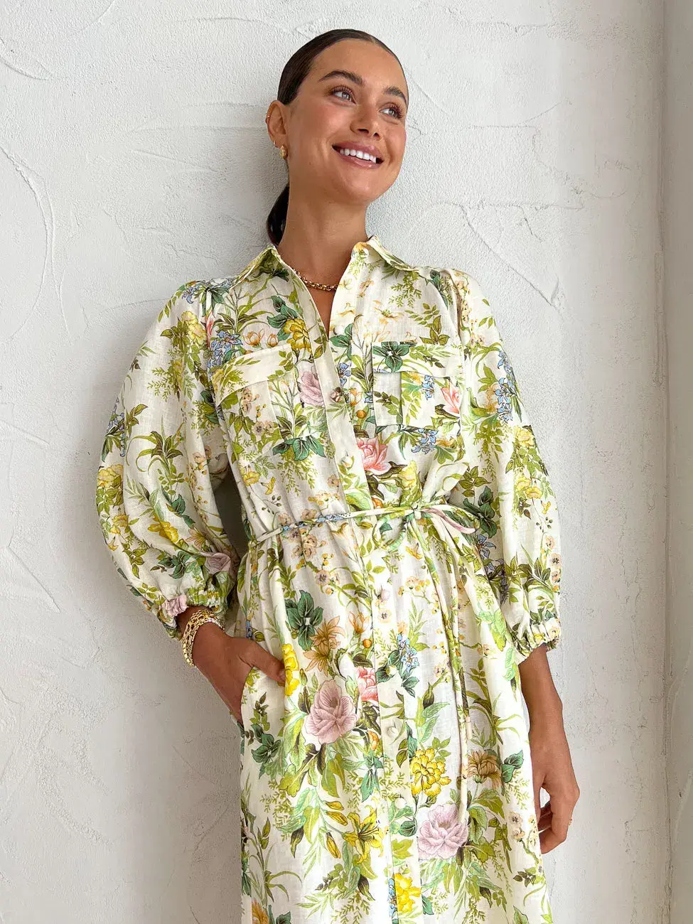Alemais Eden Midi Shirt Dress Belted Floral Print Linen Size AU 10 for rent on The Volte - main image