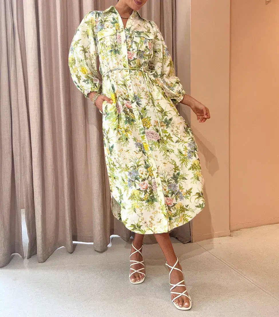 Alemais Eden Midi Shirt Dress Belted Floral Print Linen Size AU 10 for rent on The Volte - main image