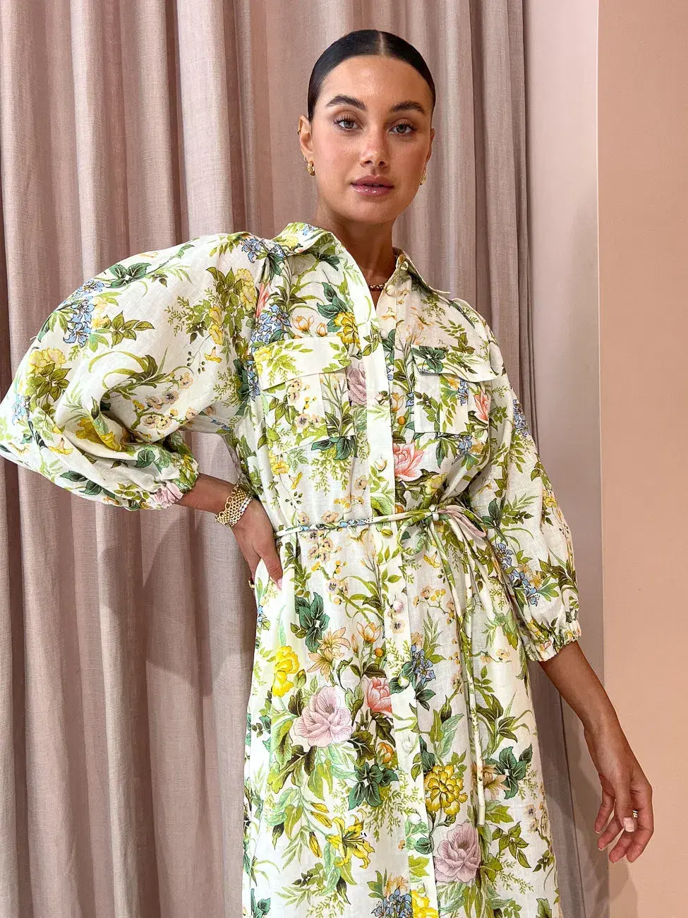 Alemais Eden Midi Shirt Dress Belted Floral Print Linen Size AU 10 for rent on The Volte - main image