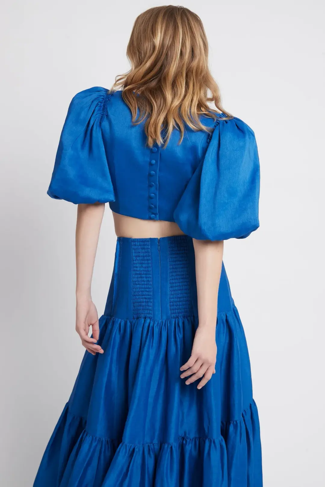 Aje Reverb Gathered Midi Skirt & Reverb Puff Sleeve Cropped Top Set Blue Size 4 for rent on The Volte - main image