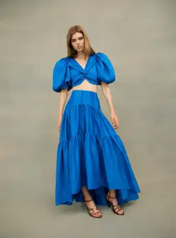Aje Reverb Gathered Midi Skirt & Reverb Puff Sleeve Cropped Top Set Blue Size 4 for rent on The Volte - image 4