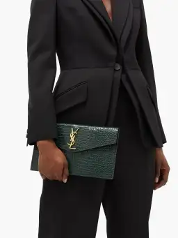 Saint Laurent Uptown Clutch Green Croc Embossed Leather