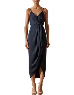 Shona Joy Luxe Tie Front Cocktail Midi Dress Navy Size 8