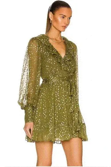 Zimmermann Lurex Wrap Mini Dress Khaki Size 1 / 10 AU - Image 2