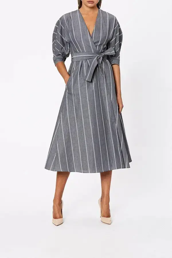 Scanlan Theodore The Stripe Cotton Wrap Dress Grey Size 6 for rent on The Volte - main image