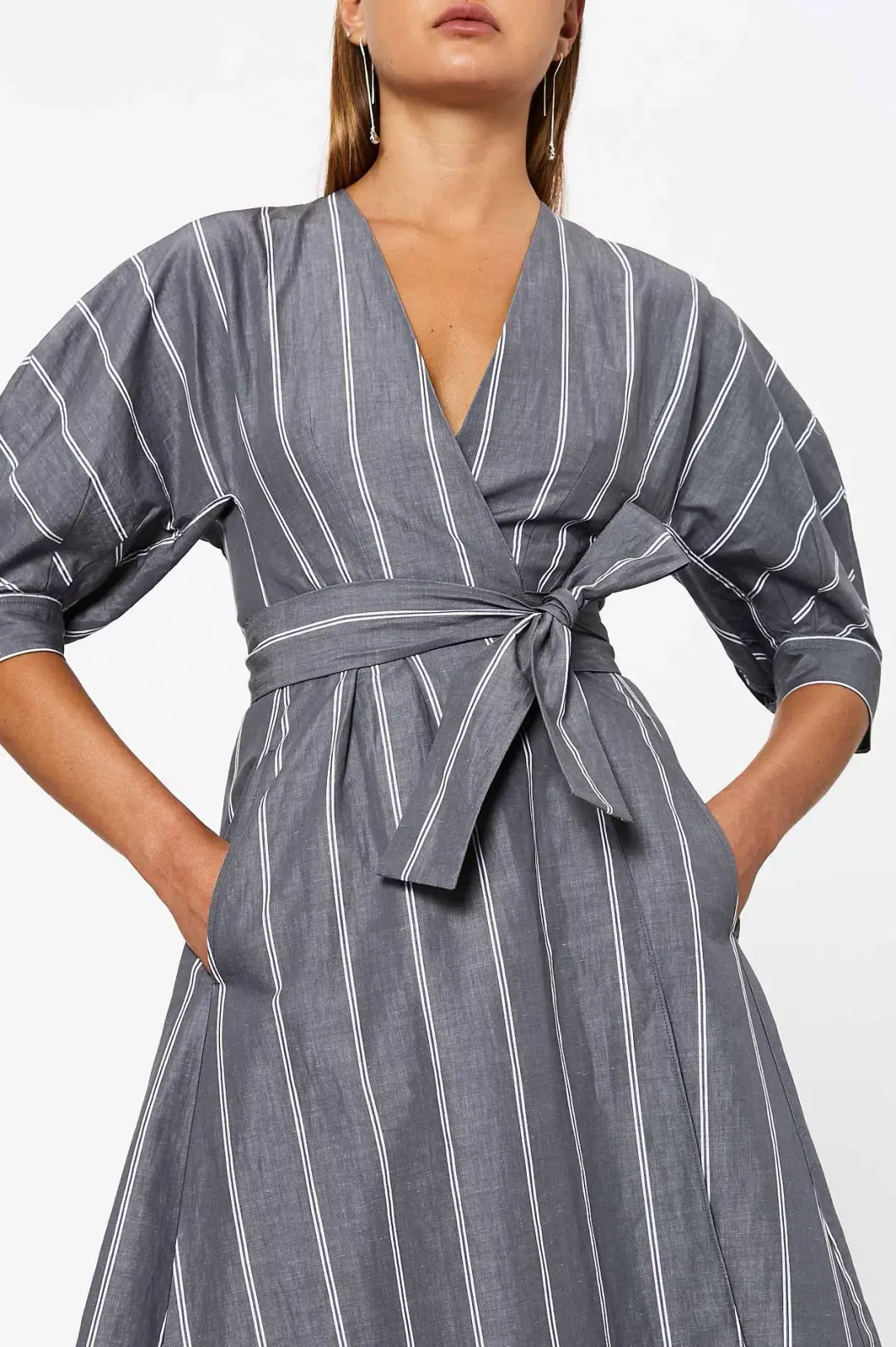Scanlan Theodore The Stripe Cotton Wrap Dress Grey Size 6 for rent on The Volte - main image