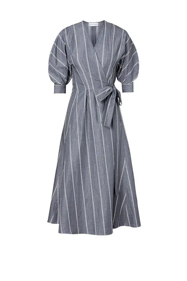 Scanlan Theodore The Stripe Cotton Wrap Dress Grey Size 6 for rent on The Volte - main image