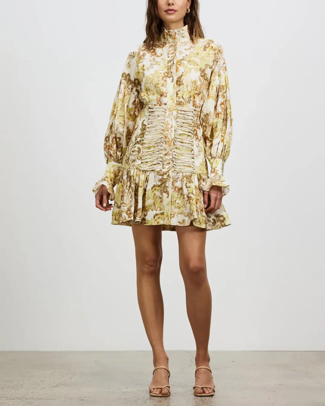 Alémais Bernadette Corset Mini Dress Long Sleeve Linen Print Size 8 for rent on The Volte - main image