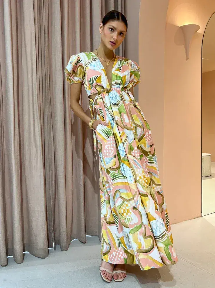 By Nicola Ahoy Plunge Neckline Maxi Dress in Swirl Check Multi-Colored Size AU 10 for rent on The Volte - main image