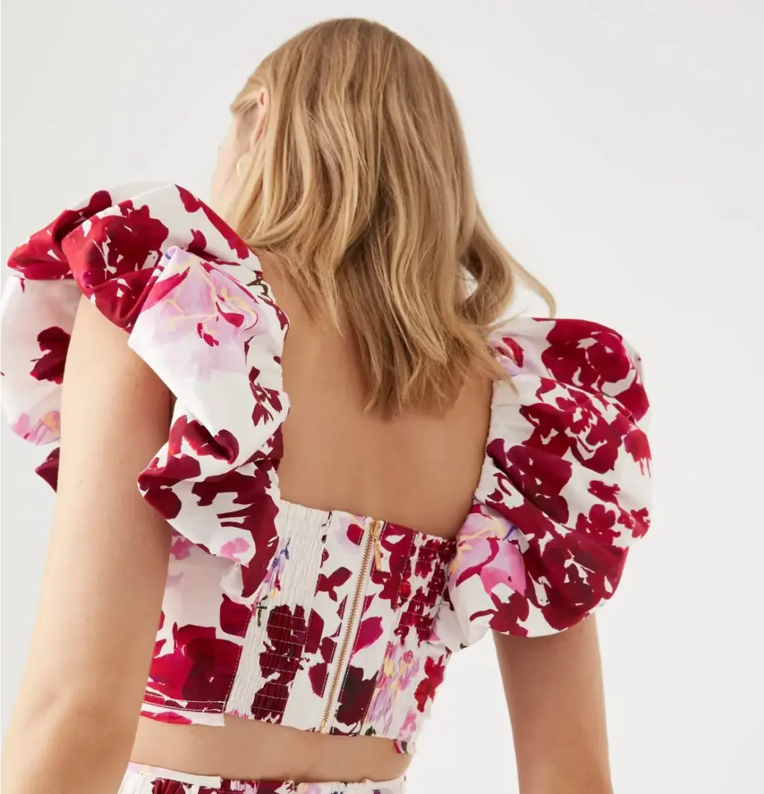 Aje Margot Bubble Sleeve Top & Cherie Bubble Midi Skirt Set Roses of Provence Floral Print Size AU 16 for rent on The Volte - main image