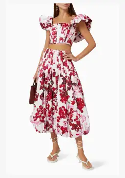 Aje Margot Bubble Sleeve Top & Cherie Bubble Midi Skirt Set Roses of Provence Floral Print Size AU 16 for rent on The Volte - image 1
