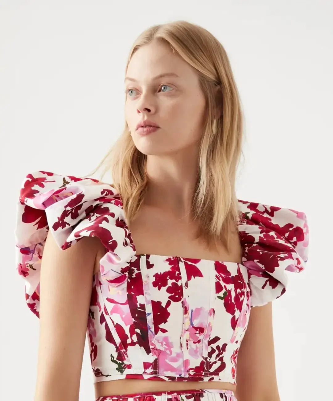 Aje Margot Bubble Sleeve Top & Cherie Bubble Midi Skirt Set Roses of Provence Floral Print Size AU 16 for rent on The Volte - main image