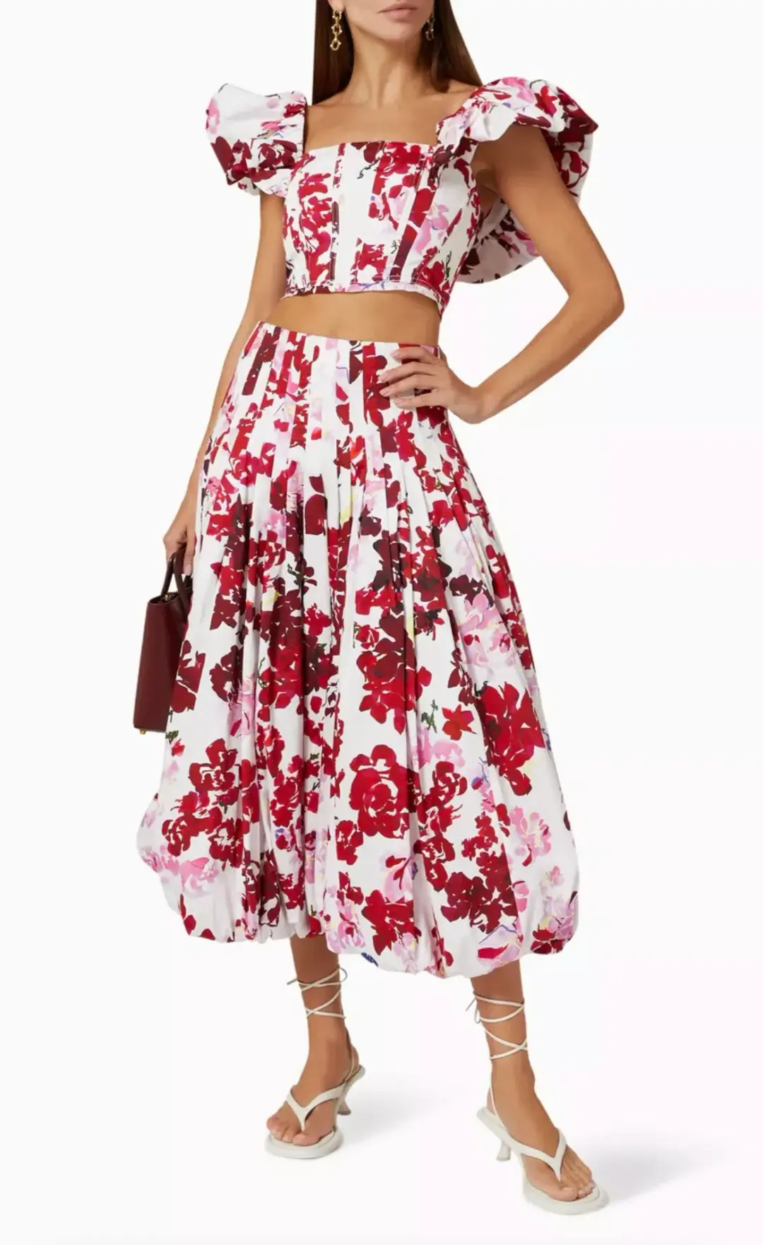 Aje Margot Bubble Sleeve Top & Cherie Bubble Midi Skirt Set Roses of Provence Floral Print Size AU 16 for rent on The Volte - main image