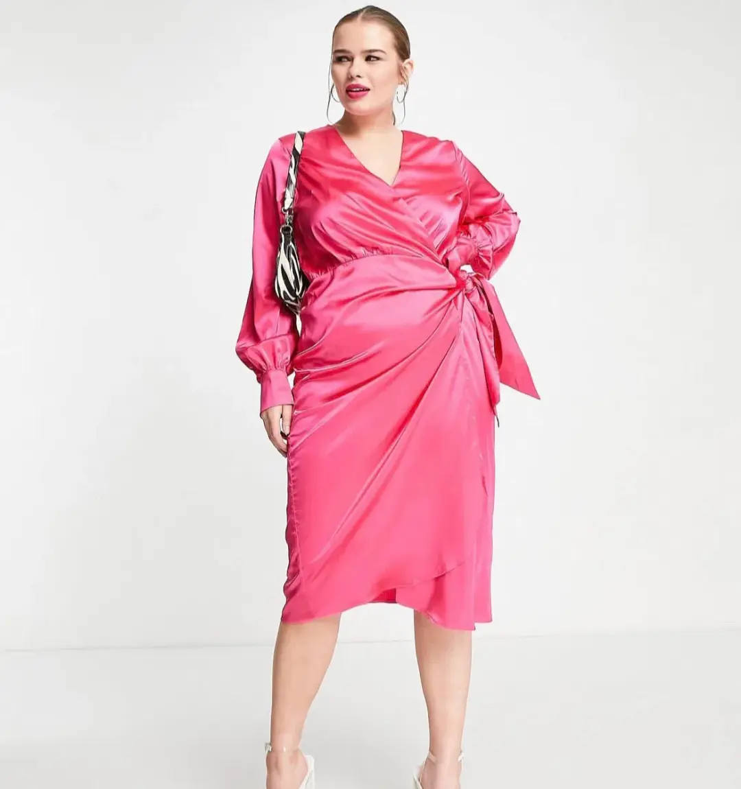 Never Fully Dressed Plus Satin Wrap Midi Dress Pink Size 22 for rent on The Volte - main image