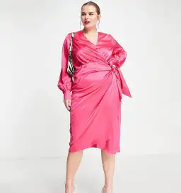 Never Fully Dressed Plus Satin Wrap Midi Dress Pink Size 22 for rent on The Volte - image 1