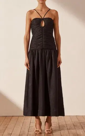 Shona Joy Thea Linen Keyhole Midi Dress Black Size AU 8 - Image 1
