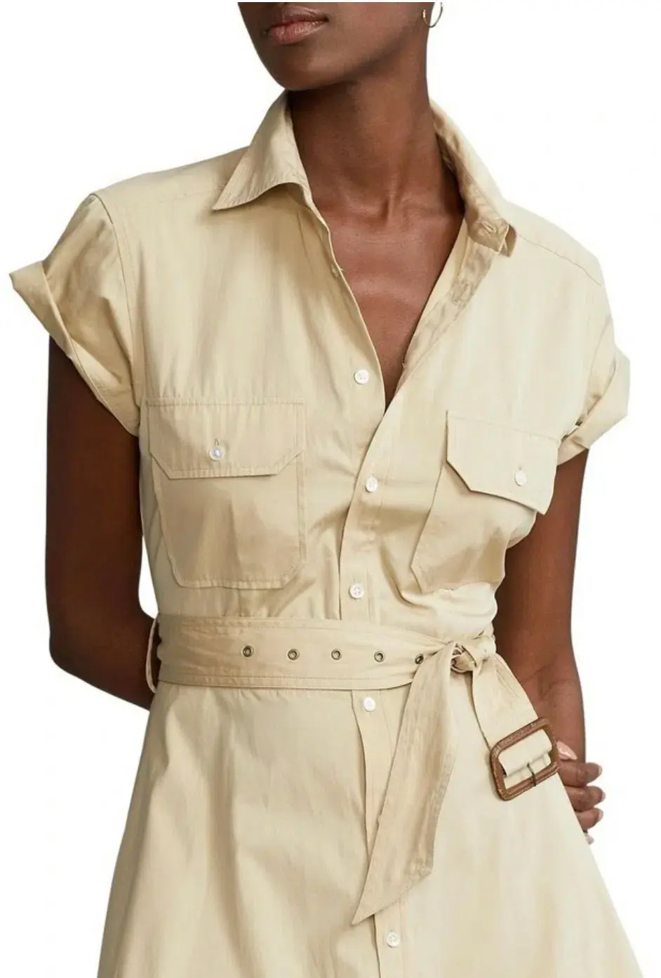 Ralph Lauren Belted Tiered Cotton Utility Midi Dress in Beige Size 6 for rent on The Volte - main image