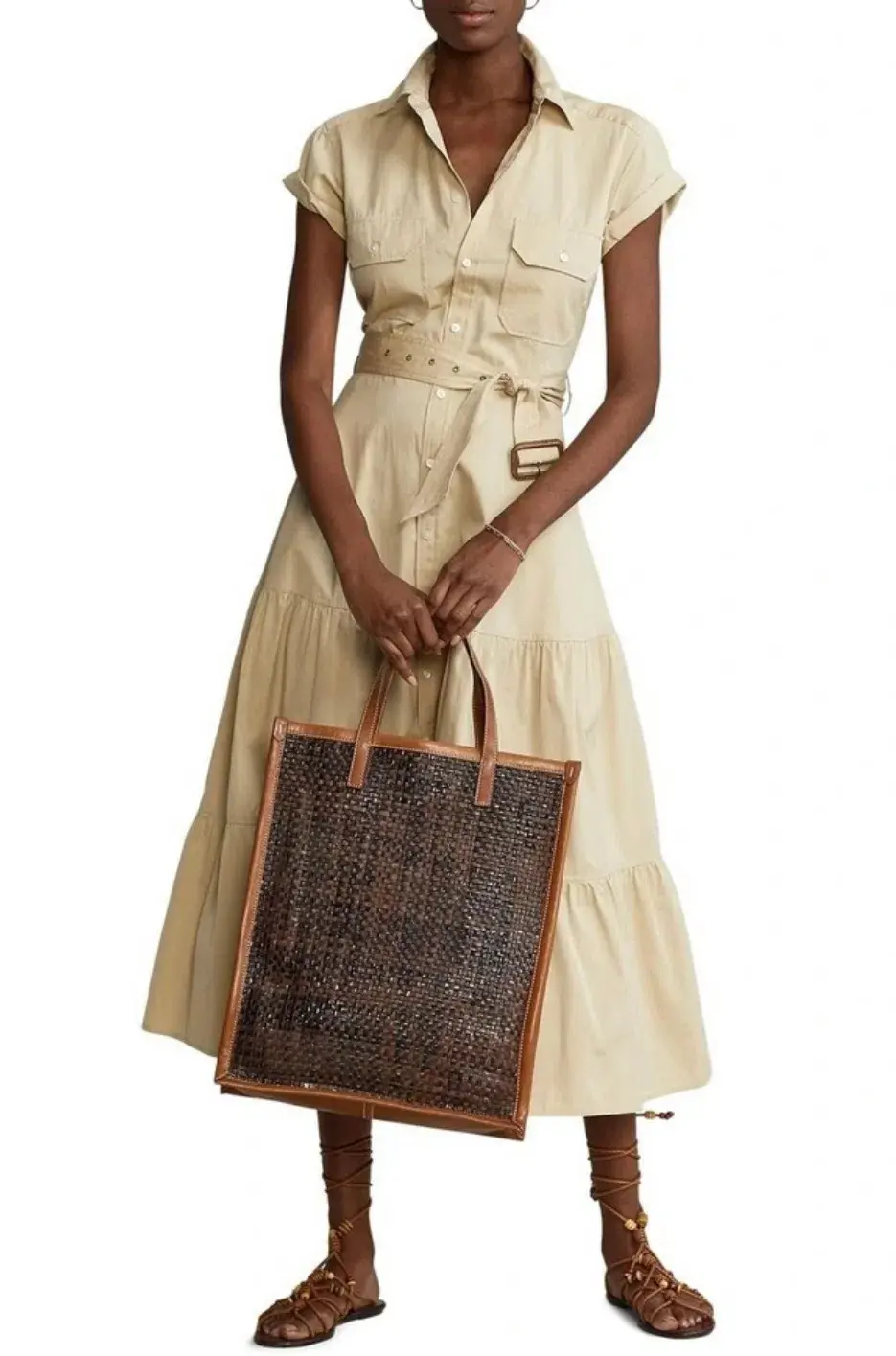 Ralph Lauren Belted Tiered Cotton Utility Midi Dress in Beige Size 6 for rent on The Volte - main image