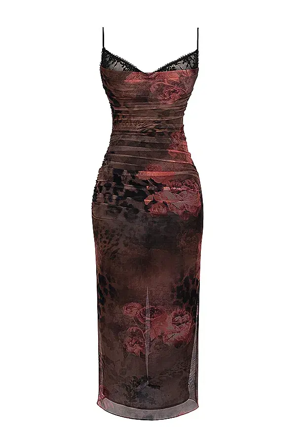 House of CB Nalini Printed Floral and Leopard Print Midi Dress Print Size S/Au 8 for rent on The Volte - main image
