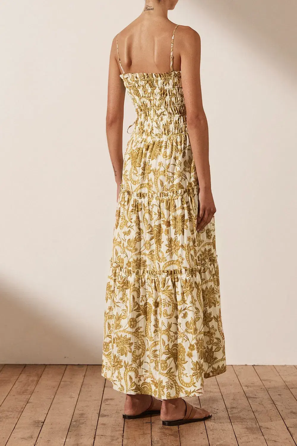 Shona Joy Saffron Shirred Tiered Midi Dress Print Size 14 for rent on The Volte - main image