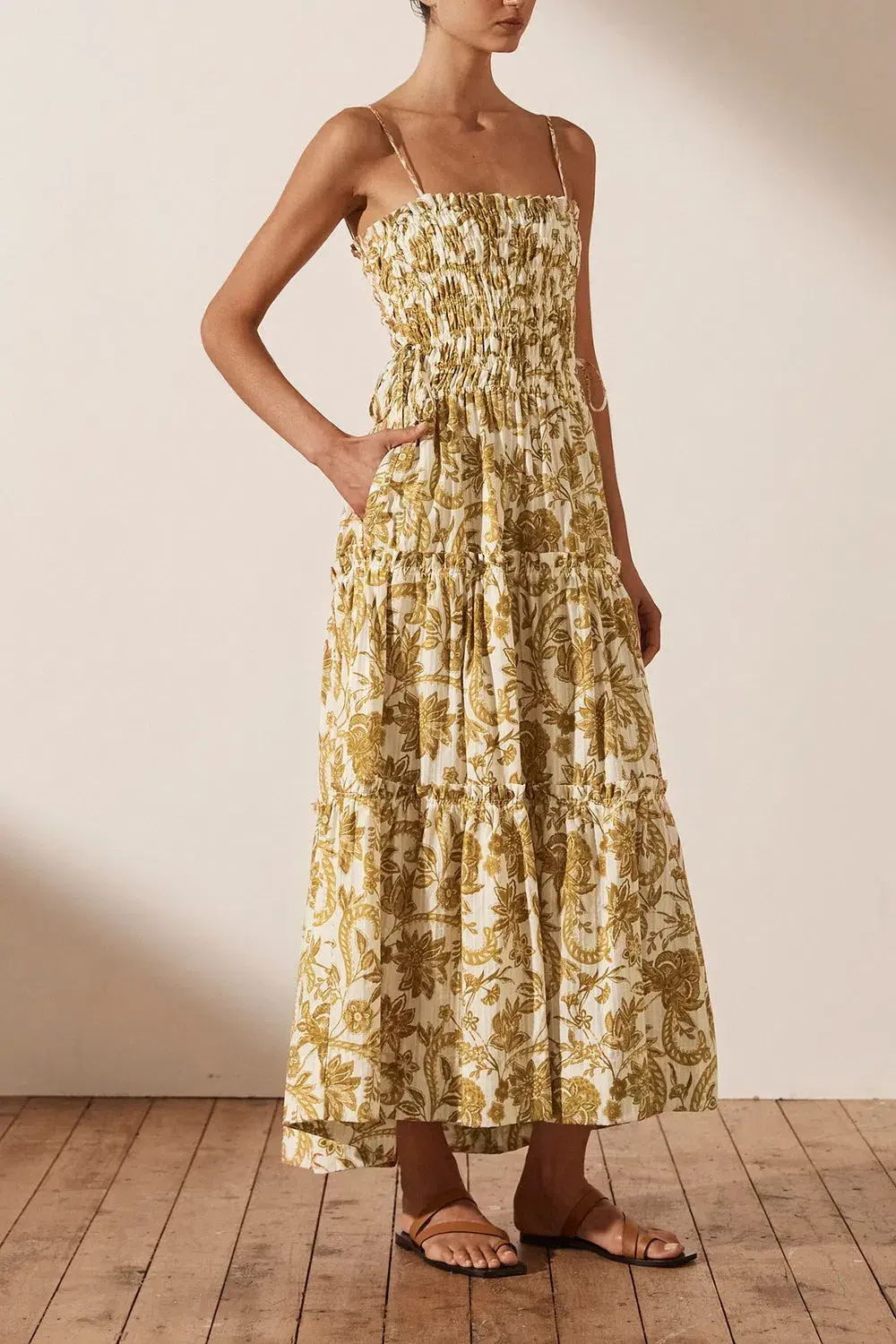 Shona Joy Saffron Shirred Tiered Midi Dress Print Size 14 for rent on The Volte - main image