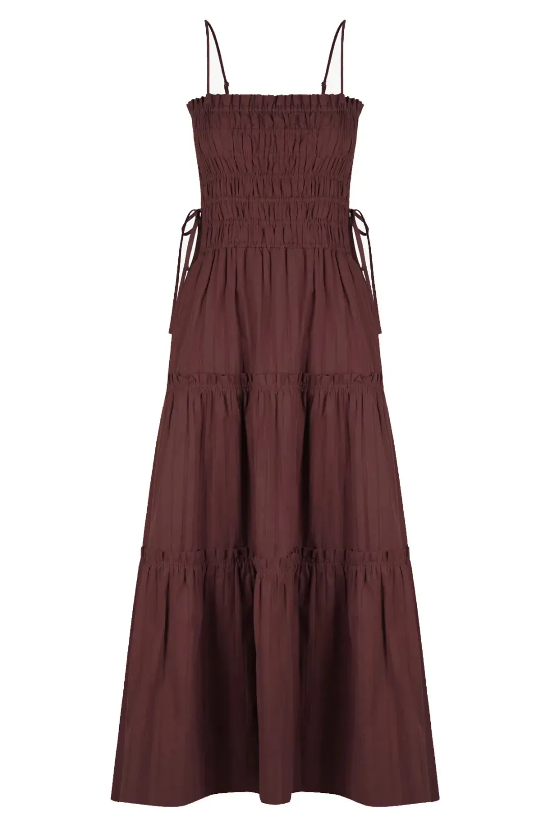 Shona Joy Kaia Shirred Tiered Midi Dress Chocolate Brown Size 14 for rent on The Volte - main image