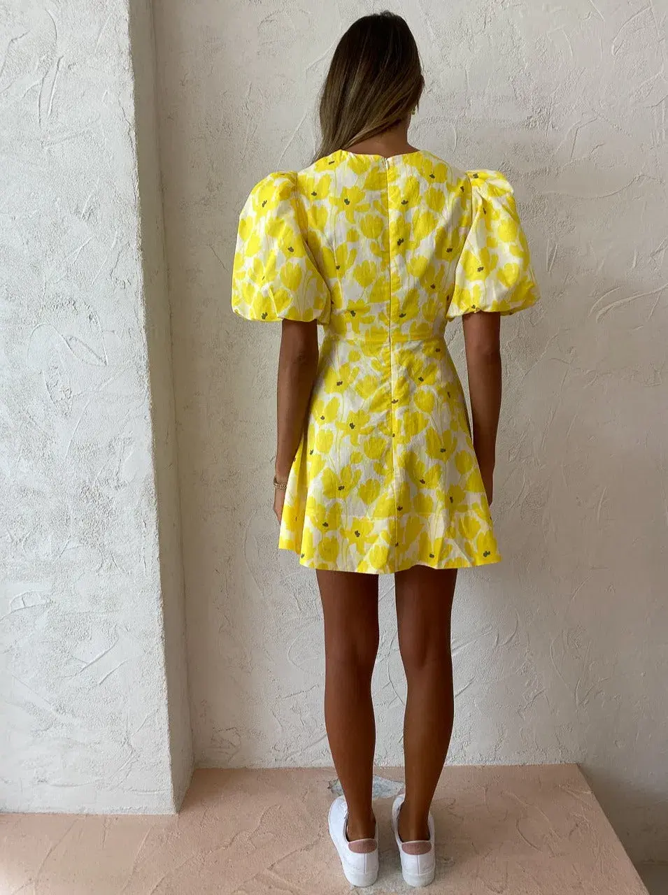 By Nicola Dahlia Ring Detail Mini Dress in Canary Blossom Size 8 for rent on The Volte - main image