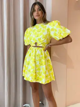 By Nicola Dahlia Ring Detail Mini Dress in Canary Blossom Size 8 for rent on The Volte - image 4