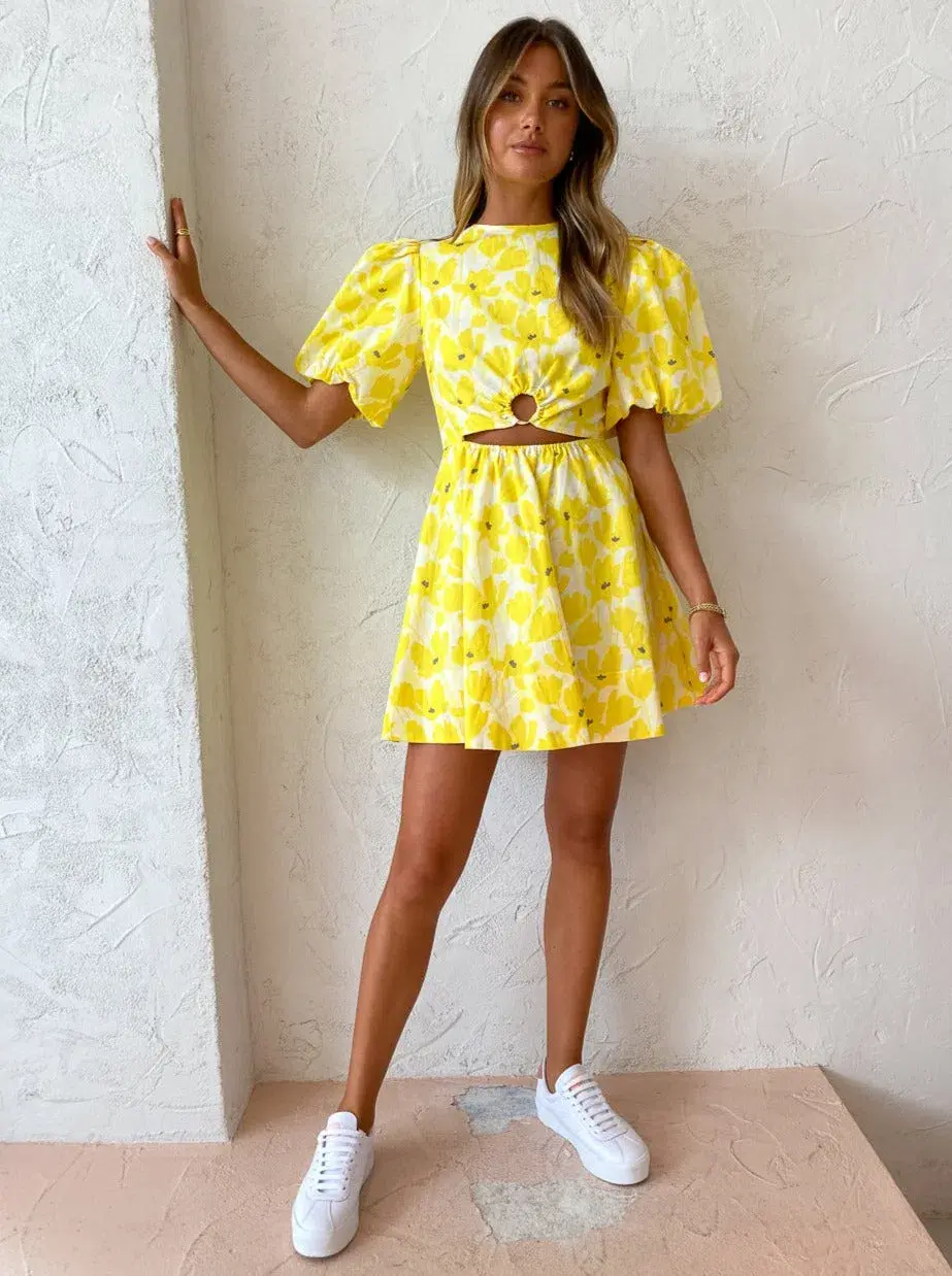 By Nicola Dahlia Ring Detail Mini Dress in Canary Blossom Size 8 for rent on The Volte - main image