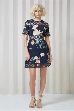 Keepsake Whispers Dress Navy Garden Floral Size M/Au 10