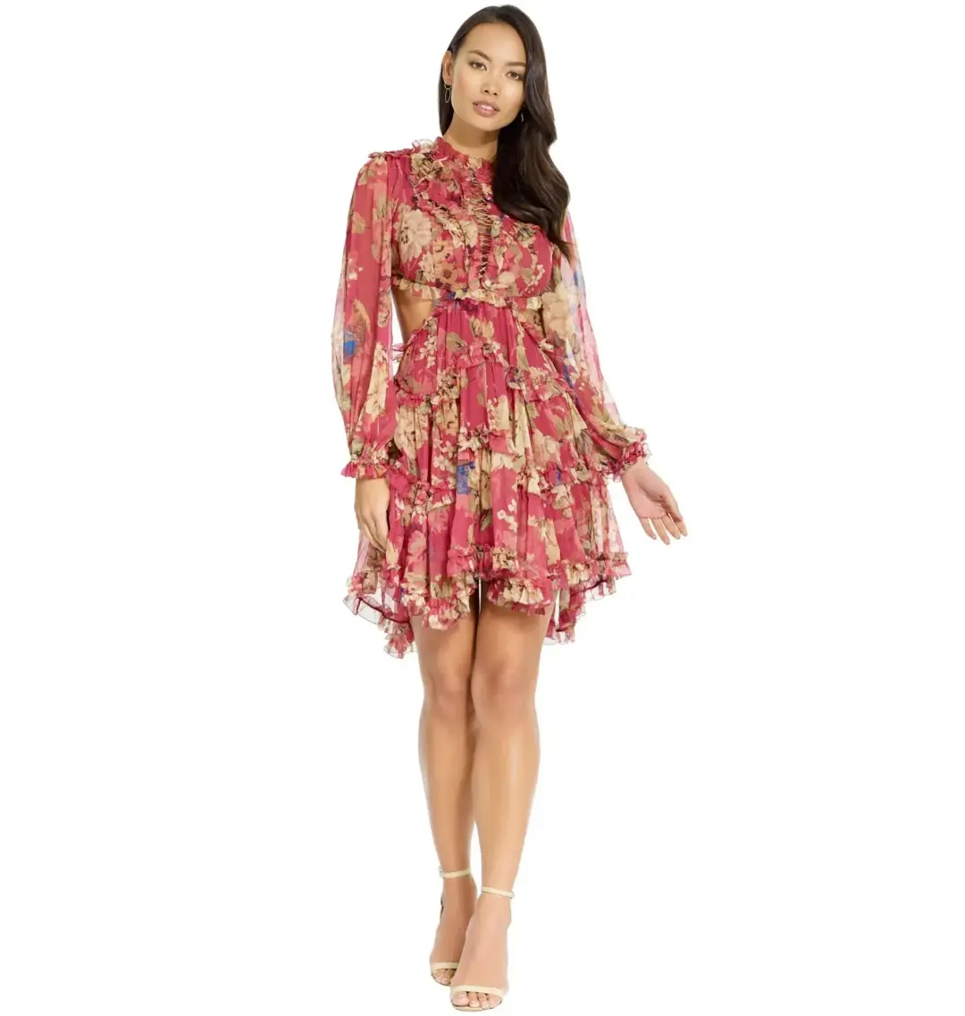 Zimmermann Melody Lace Up Short Dress Red Floral Size 2/ Au 12 for rent on The Volte - main image