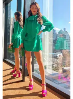 Leo Lin Viridian Silk Linen Tie Dress in Green Size AU 12 for rent on The Volte - image 1