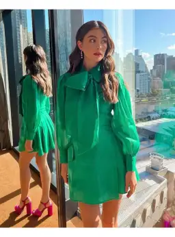 Leo Lin Viridian Silk Linen Tie Dress in Green Size AU 12 for rent on The Volte - image 2