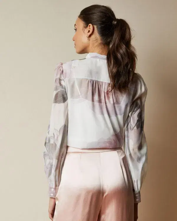 Ted Baker Mirta Floral Pussy Bow Blouse in Ivory Print in Size 2/AU 10 for rent on The Volte - main image