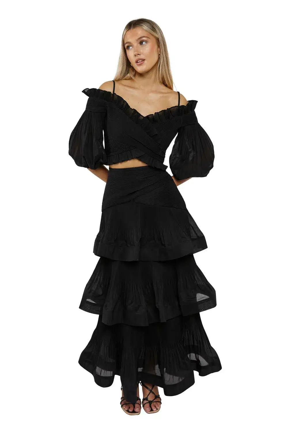 Zimmermann Pleated Off Shoulder Top and Pleated Ruffle Tier Skirt Set Black Size 2/ 12 for rent on The Volte - main image