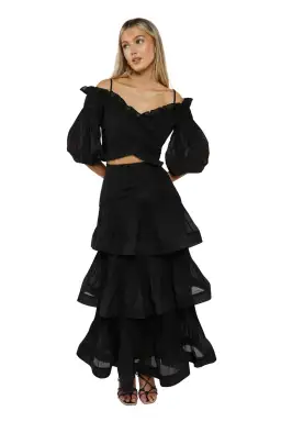 Zimmermann Pleated Off Shoulder Top and Pleated Ruffle Tier Skirt Set Black Size 2/ 12 for rent on The Volte - image 2