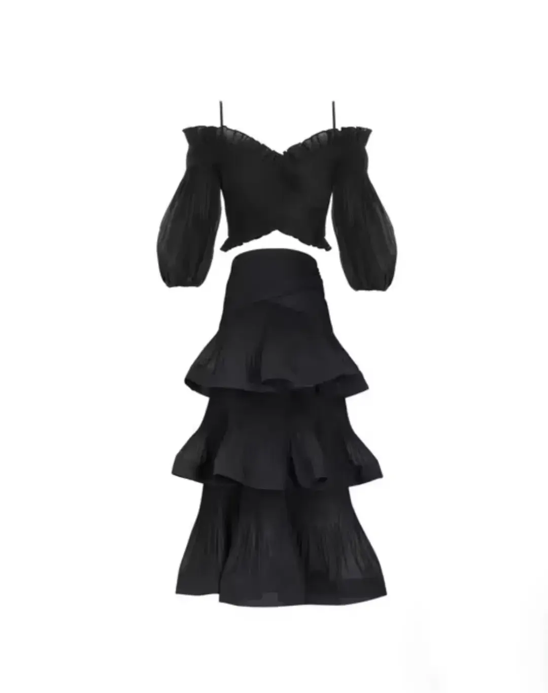 Zimmermann Pleated Off Shoulder Top and Pleated Ruffle Tier Skirt Set Black Size 2/ 12 for rent on The Volte - main image