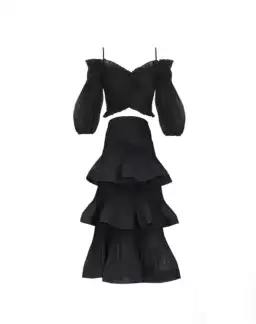 Zimmermann Pleated Off Shoulder Top and Pleated Ruffle Tier Skirt Set Black Size 2/ 12 for rent on The Volte - image 4