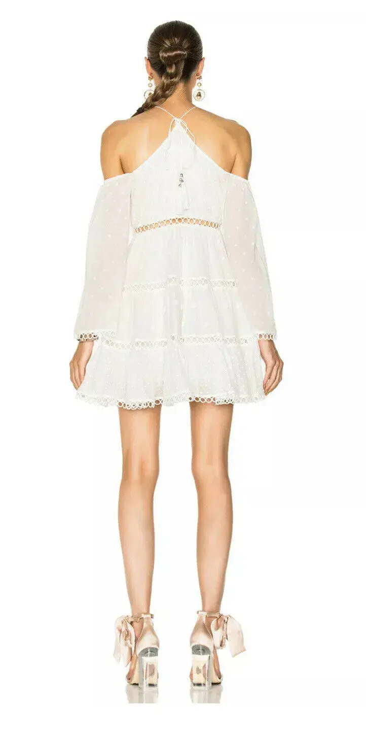 Zimmermann Jasper Dot Floating Cold Shoulder Mini Dress White Size 6 for rent on The Volte - main image