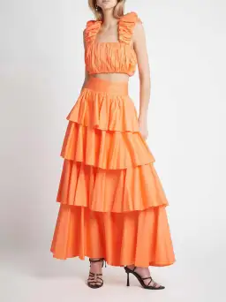 Aje Medina Ruched Cropped Top and Tiered Midi Skirt Set in Mandarin Orange
Size 8 / S