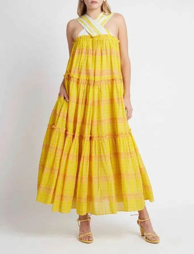Aje Wilderness Tiered Dress Yellow Check Size 6 for rent on The Volte - main image