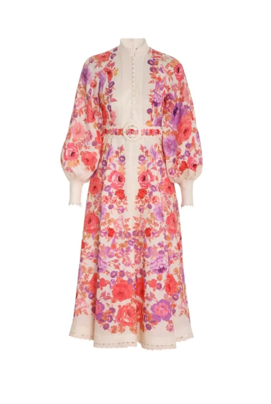Zimmermann The Raie Billow Sleeve Midi Dress in Red/Purple Floral Size 3 / AU 14 for rent on The Volte - main image