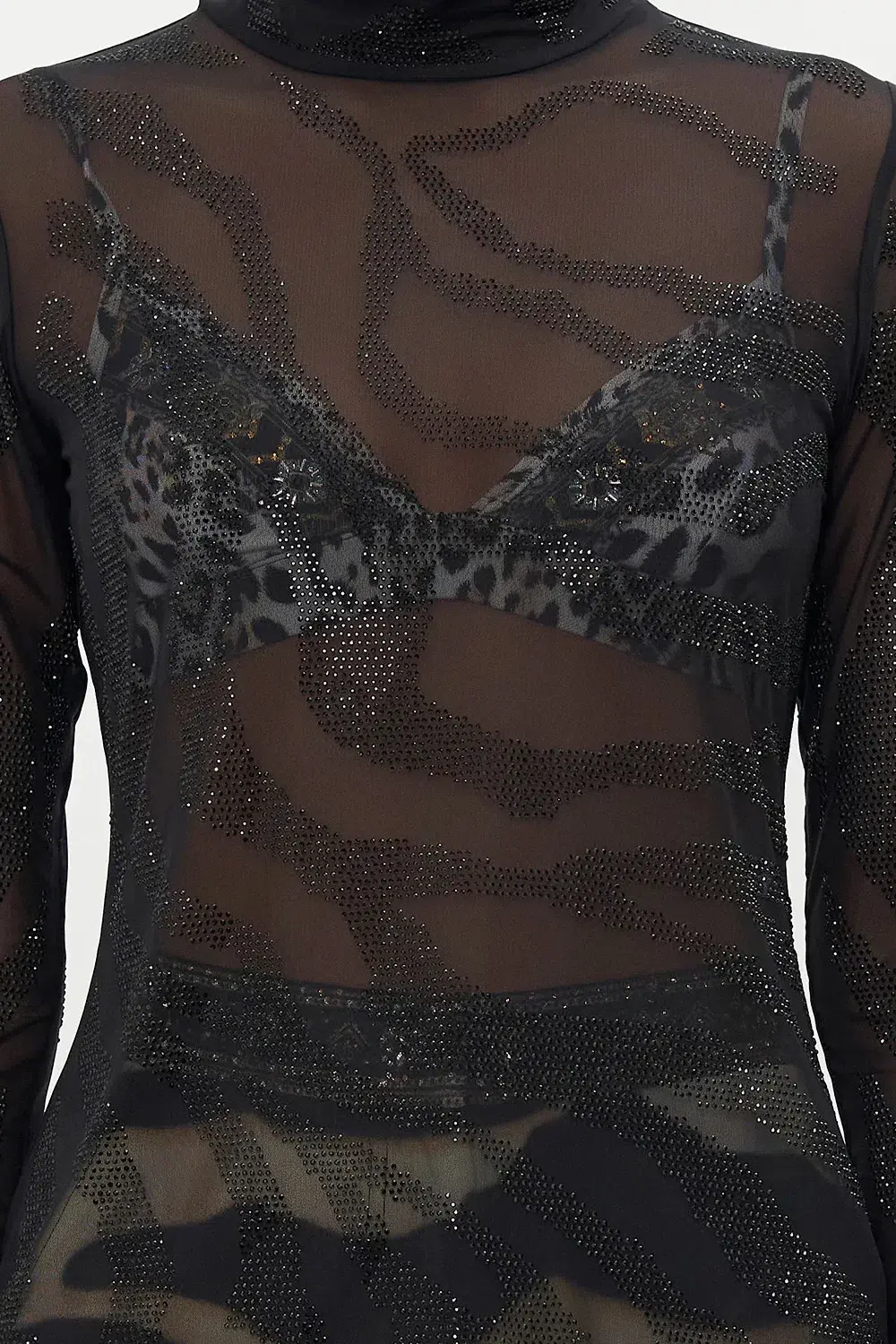 Camilla Jersey Turtleneck Tame My Tiger Black with Camilla Cool For Cats Soft Bra & Camilla Full Length Flared Pant Tame My Tiger (L / AU14) for rent on The Volte - main image