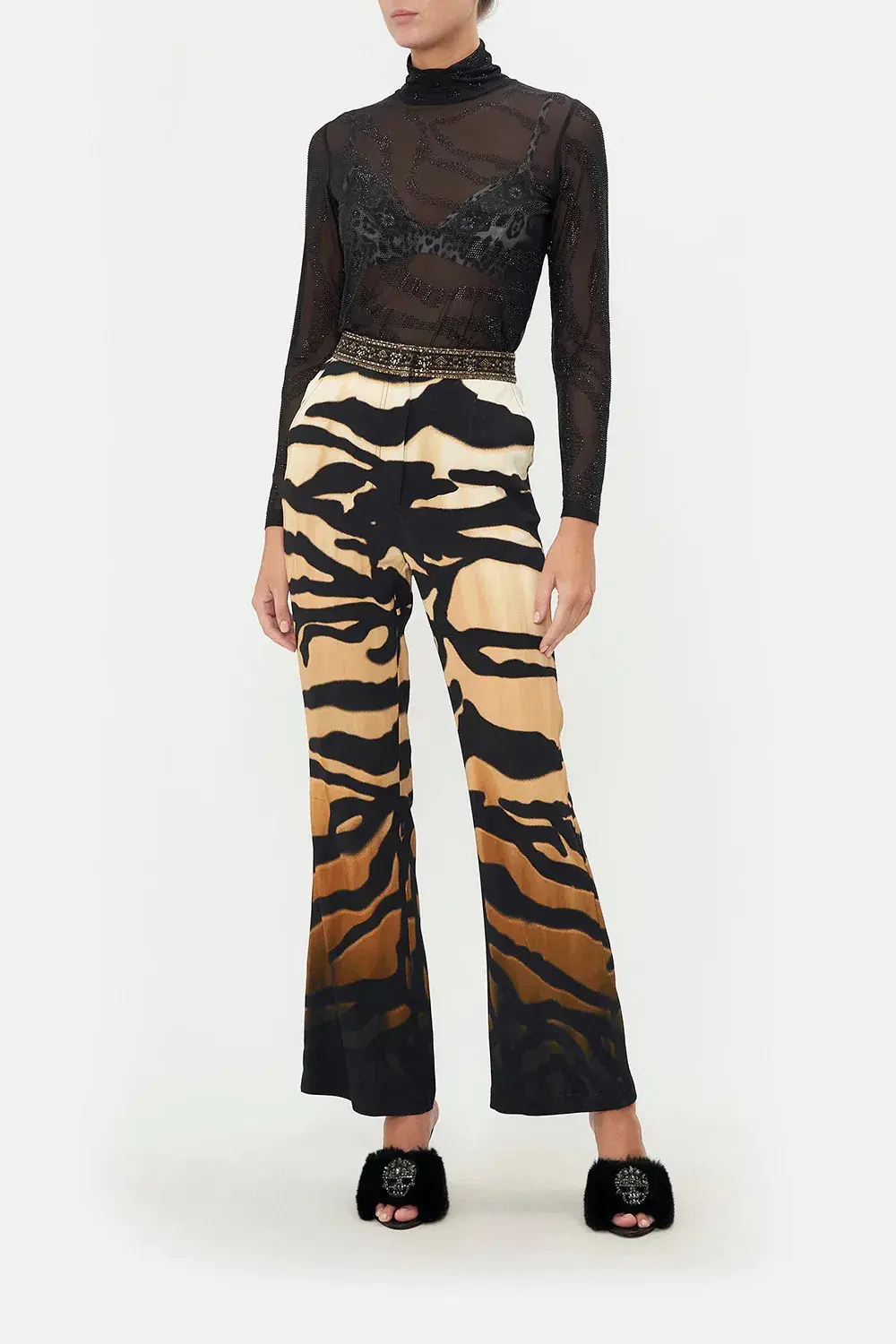 Camilla Jersey Turtleneck Tame My Tiger Black with Camilla Cool For Cats Soft Bra & Camilla Full Length Flared Pant Tame My Tiger (L / AU14) for rent on The Volte - main image