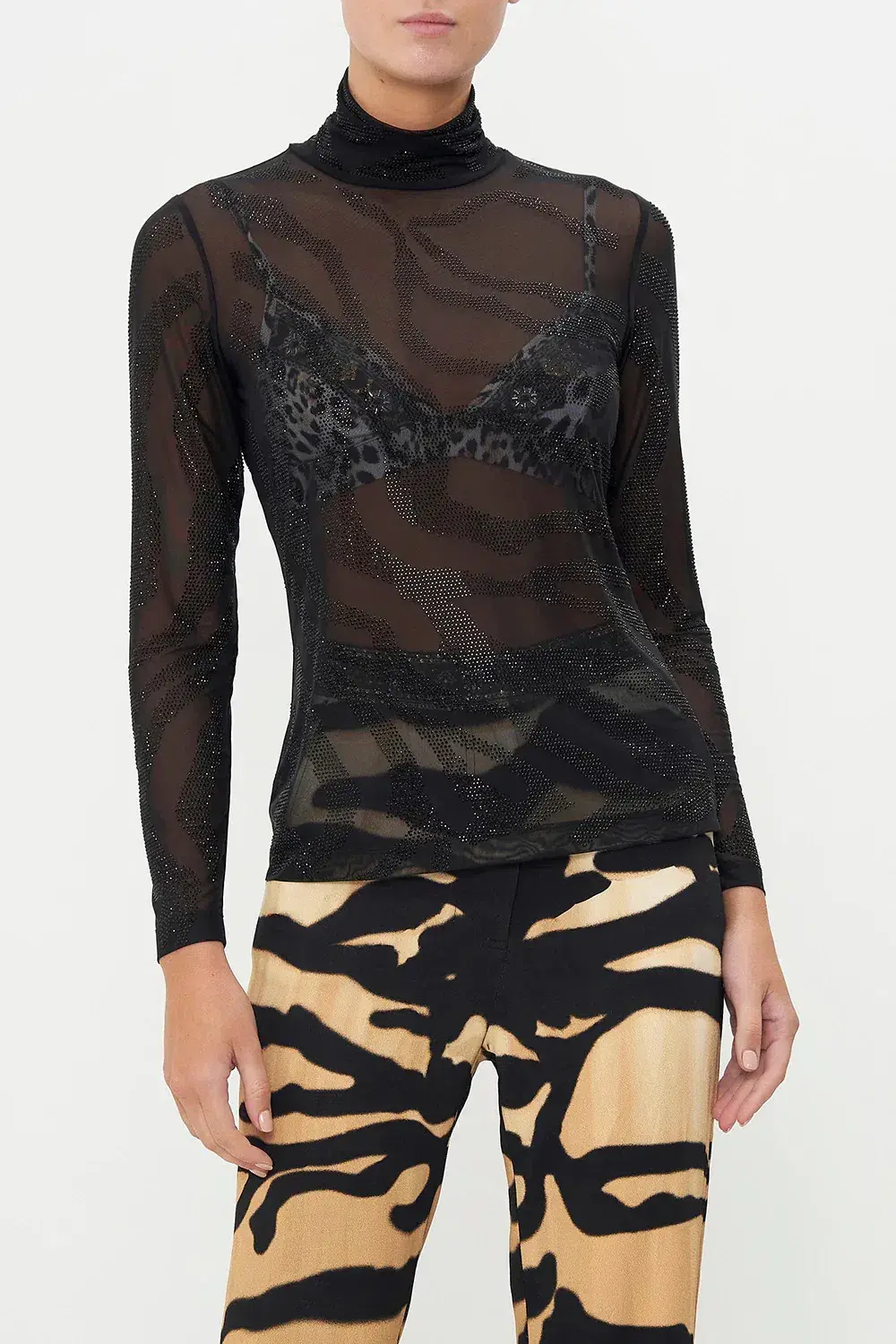 Camilla Jersey Turtleneck Tame My Tiger Black with Camilla Cool For Cats Soft Bra & Camilla Full Length Flared Pant Tame My Tiger (L / AU14) for rent on The Volte - main image