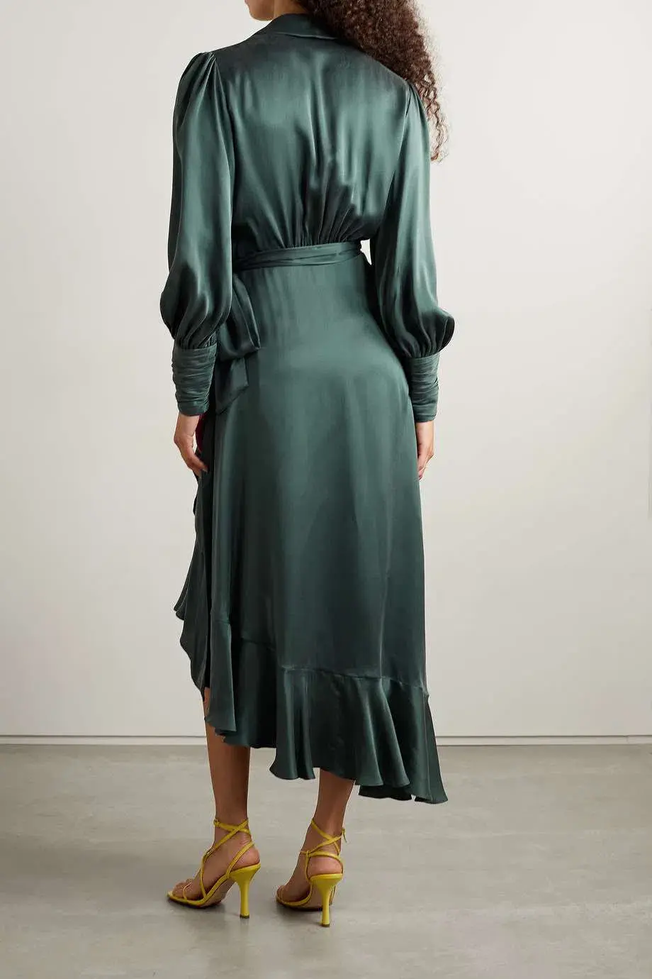 Zimmermann Asymmetric Ruffled Silk-satin Wrap Dress in Green Size 2 / AU 12 for rent on The Volte - main image
