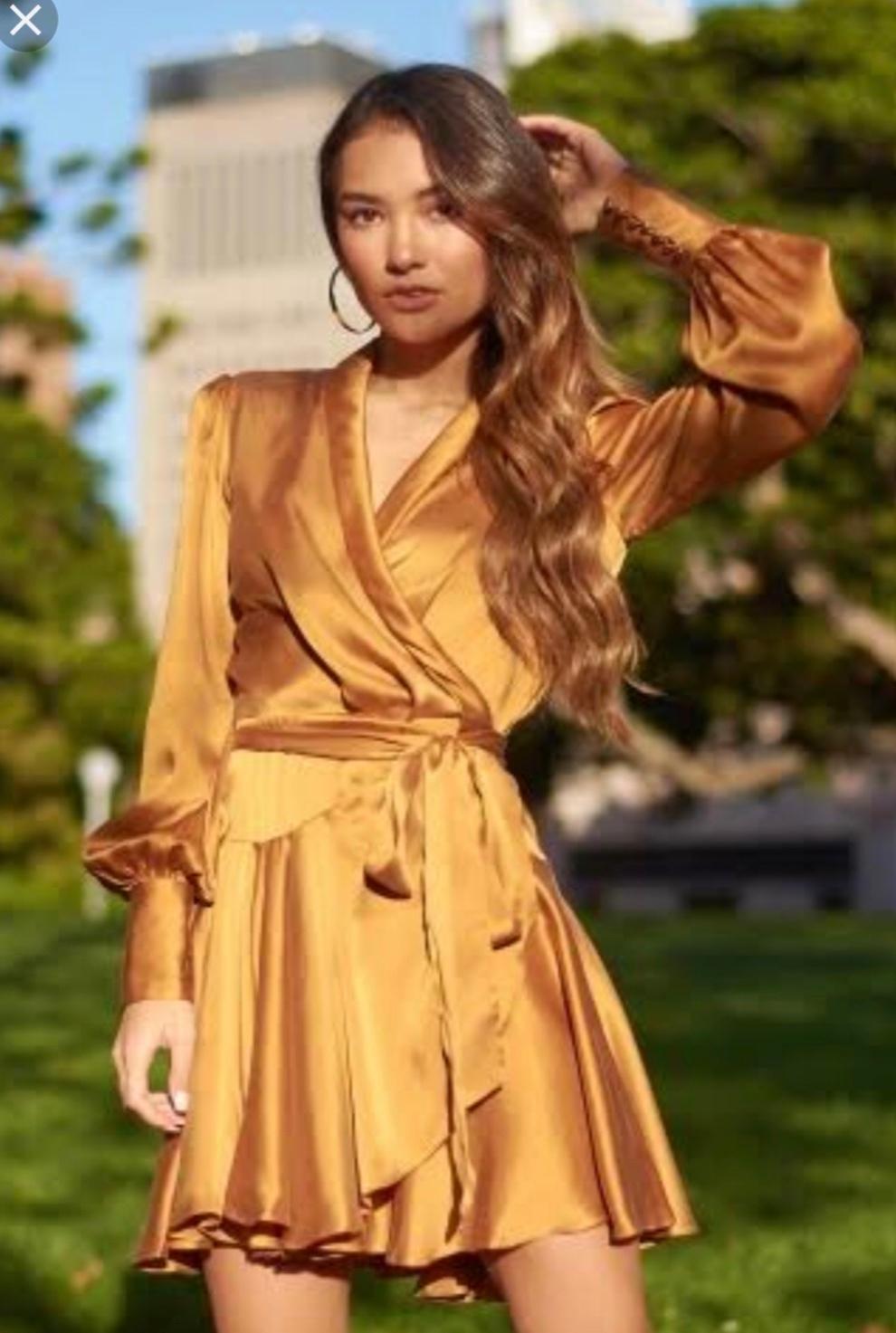 Zimmermann Silk Wrap Mini Dress Gold Size 0 AUS 8 for rent on The Volte - main image