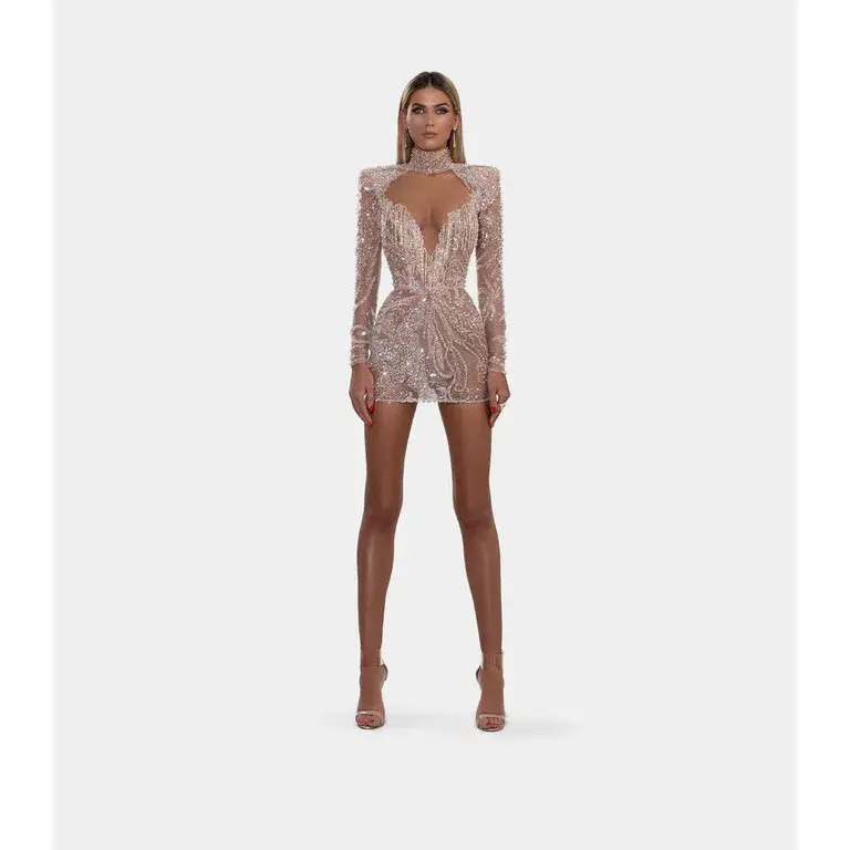 Albina Dyla Gold Couture Rose Gold Beaded Mini Dress Size AU 8 for rent on The Volte - main image
